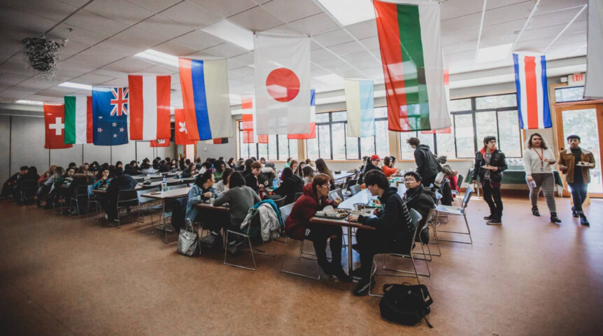 Cafeteria with flags.
