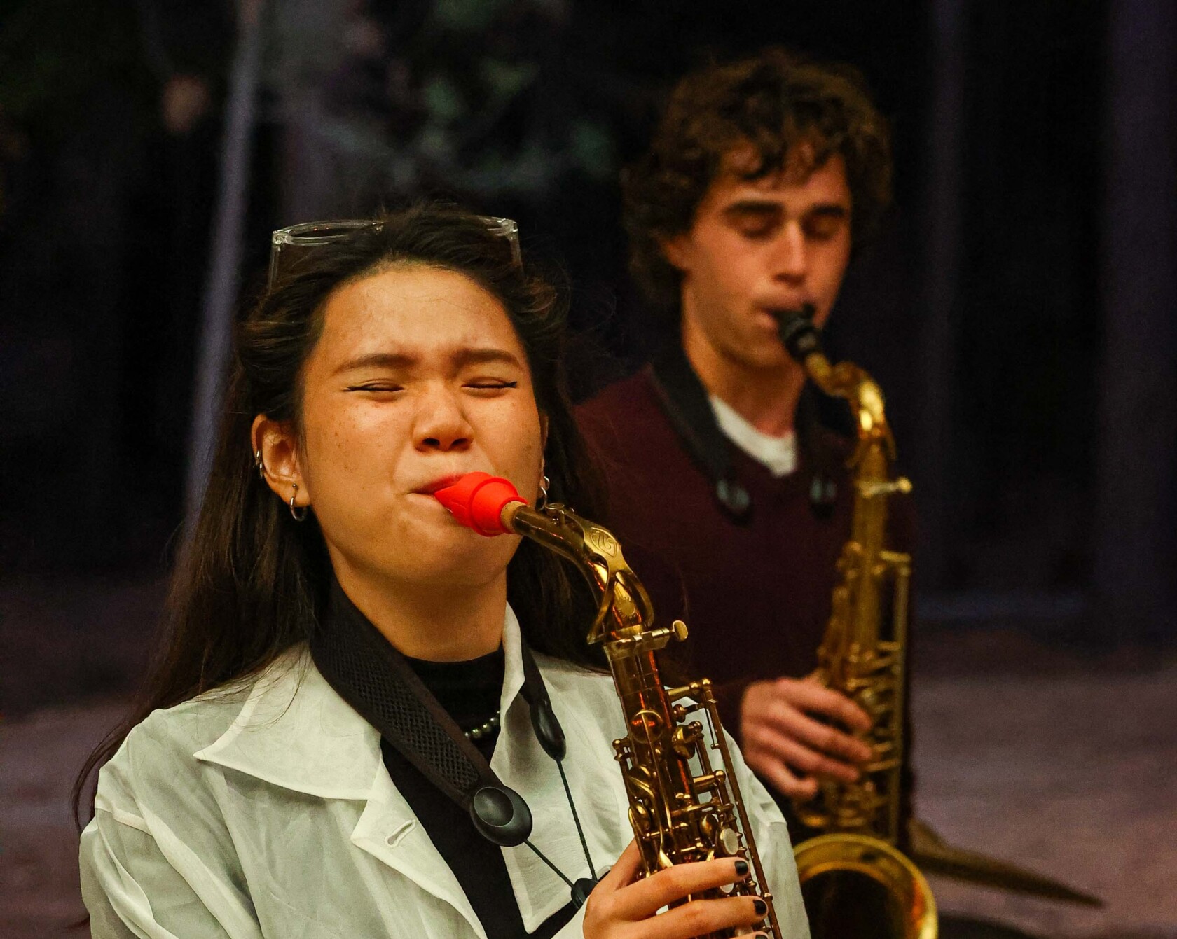 Jazz students playing saxophone.