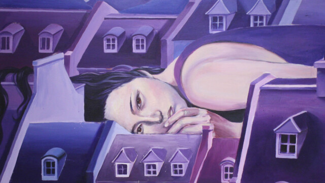 A purple painting of a person and buildings.