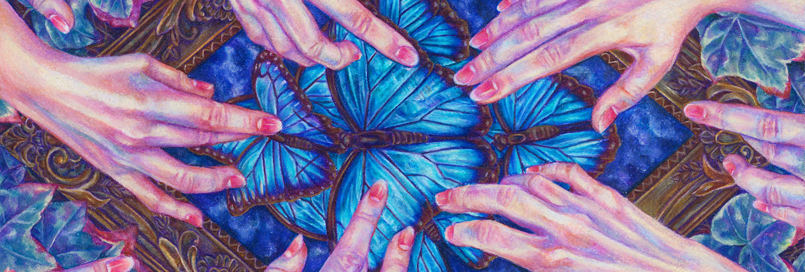 A painting of hands and blue butterflies.